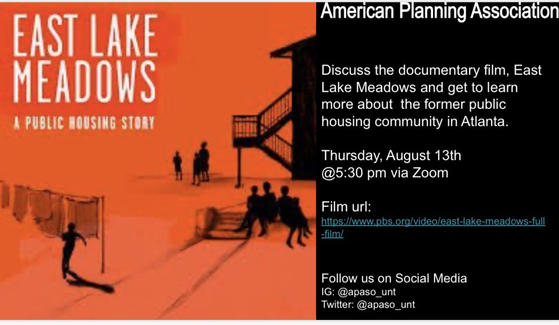 apaso_unt's tweet photo. Join us tomorrow, August 13th via Zoom to discuss the documentary film, East Lake Meadows. The start of the semester is around the corner so let’s start off right ! DM us for the Zoom link ! #apasount #unt #apa https://t.co/23J9KahEiX