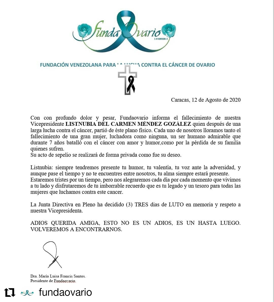 La JUNTA DIRECTIVA de <a href="/fundaovario/">Fundaovario</a> no tiene palabras ni más lágrimas para hacer éste lamentable anuncio.
Sólo orar y seguir sintiendo la viva presencia de tu alma y tu sonrisa siempre ante la adversidad. Tu alma pura siempre estará entre nosotros.
TE AMAMOS LISTNUBIA @listnubita