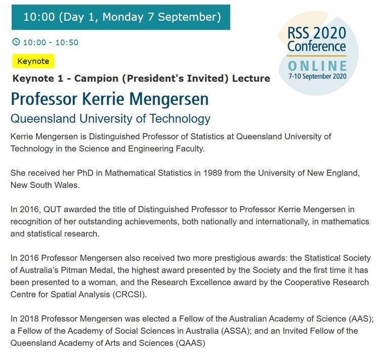 statsyss's tweet photo. #RSScountdown Wednesdays are for #WomenInStats starting with Prof. @KerrieMengersen @QUT who will be giving the Campion (President's Invited) Lecture @RSSAnnualConf 
Amongst many other accolades, Prof. Mengersen was the first woman to receive the @StatSocAus Pitman Medal in 2016. https://t.co/yUFk8TeXXV