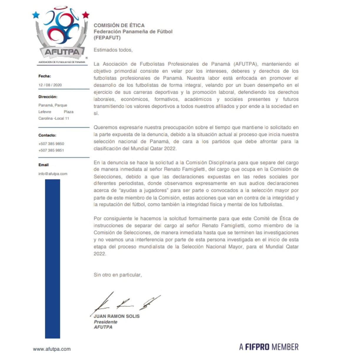 El día de hoy solicitamos formalmente a <a href="/fepafut/">FEPAFUT</a> agilizar por medio del comité de ética las investigaciones al  dirigente Renato Famiglietti y separarlo del cargo hasta finalizar el proceso. Estas medidas deben ponerse en marcha antes de iniciar todo lo relacionado a la Selección