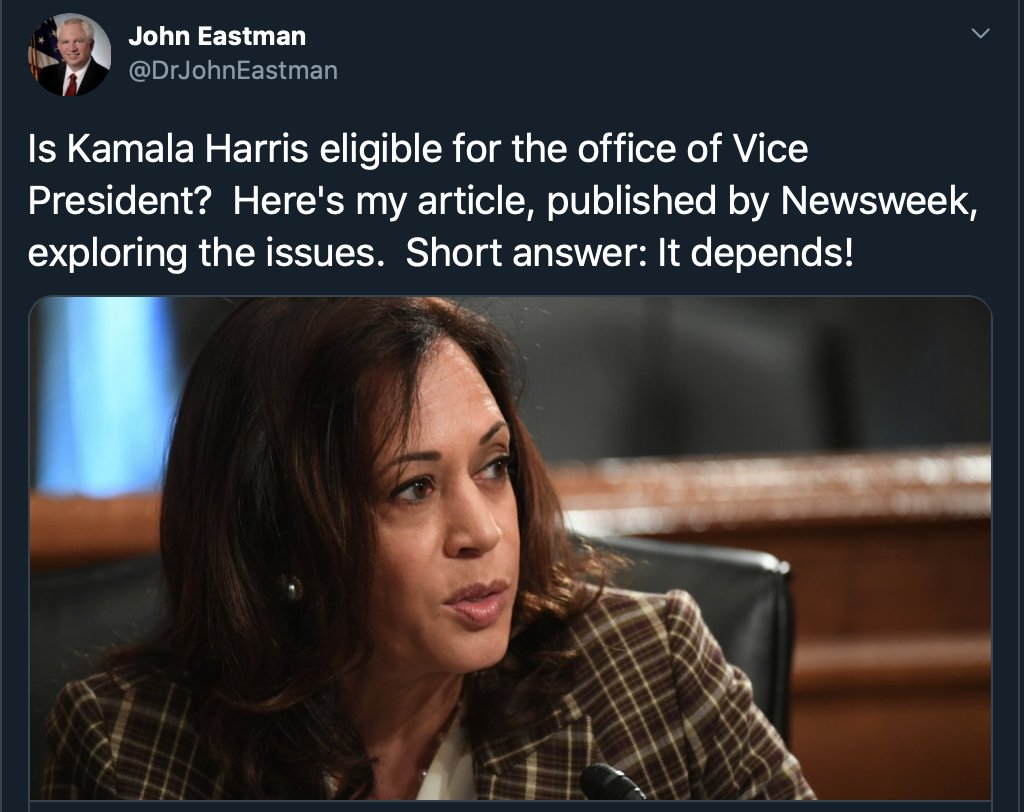 "So before we so cavalierly accept Senator Harris' eligibility for the office of vice president, we should ask her a few questions about the status of her parents at the time of her birth."No, the fuck we shouldn't. We should ask Newsweek why they are promoting birtherism?