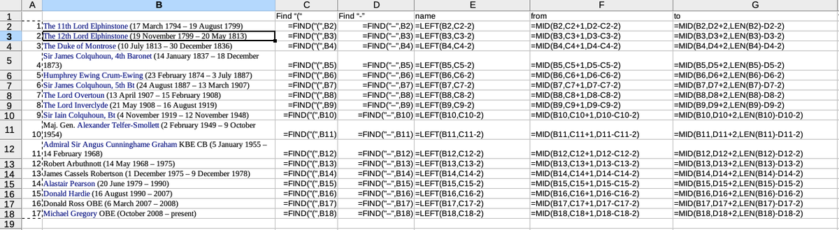 Here's the wikipedia list of... in the spreadsheet.Step 1 was to extract three columns, of Name, From and To. The data is in a regular pattern; we can search for "(" and "-" as anchors for some formulii which do what's wanted.