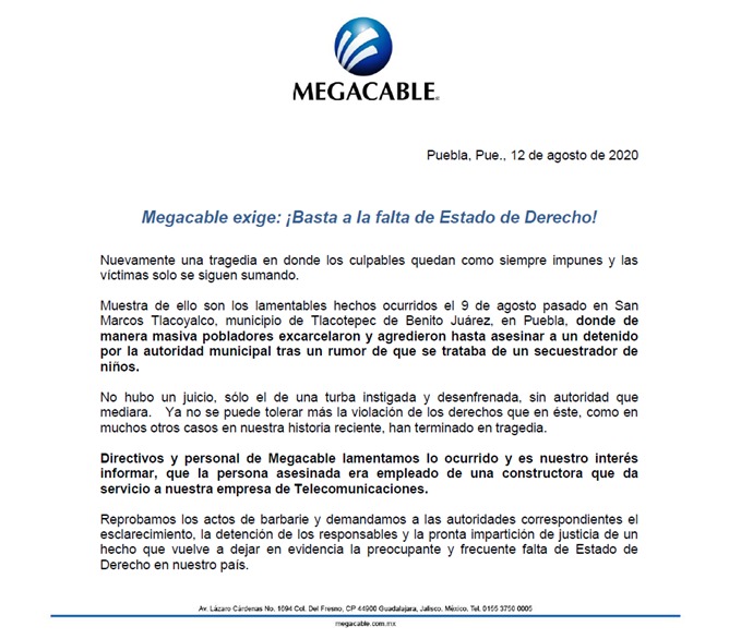 Megacable's tweet photo. Megacable: !Basta a la falta de Estado de Derecho! https://t.co/AKDV8nDyD3
