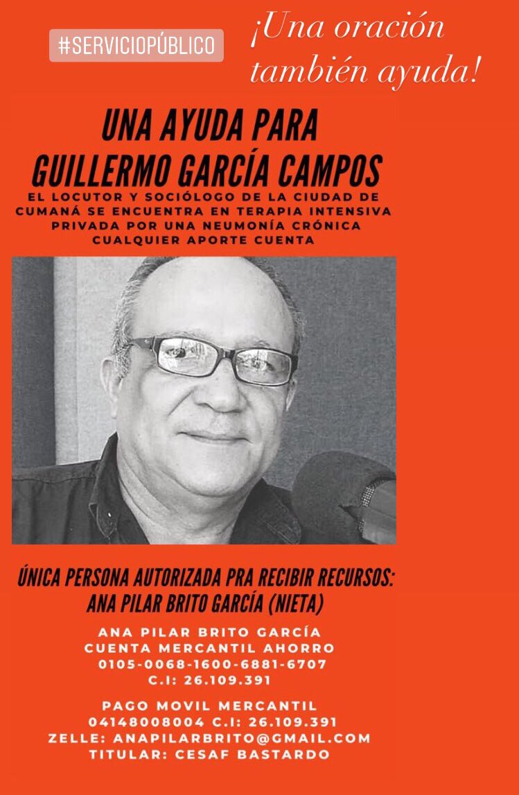 Colega locutor cumanés, rezamos por tu pronta recuperación. ¡Unidos podemos lograrlo! #GenteDeRadio 
#ServicioPúblico para paciente con leucemia y neumonía se necesita oración y colaboración.
Vía: <a href="/apebege/">Aditiya Pebege</a>.