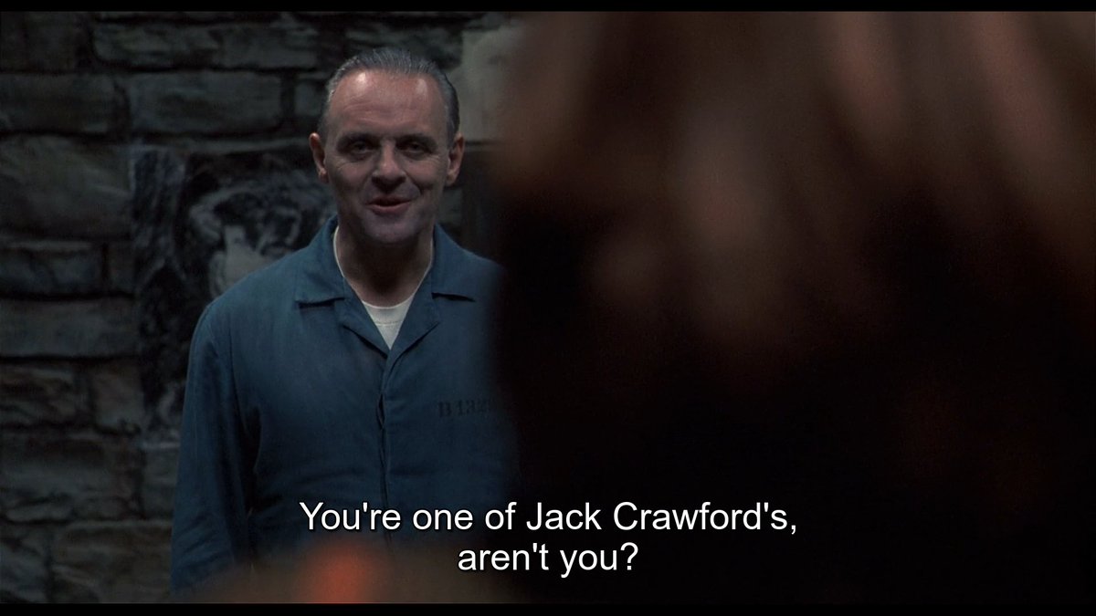 so instead of basic shot analysis i'm going to do something even more boring and point out hannibal's methods: first, cold reading to spook his interlocutor into thinking he's supernaturally smart. second, instructing her to flout the rules, but not seductively. he sounds raspy