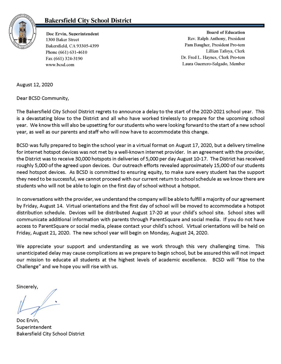 In an Emergency Board Meeting, the BCSD Board of Education voted to move the start of school to August 24, 2020.  Thank you for your support and understanding.  We will release additional information regarding hotspot distribution and virtual orientation in the coming days.