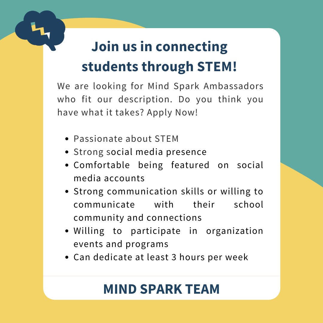 MindSparkIntl's tweet photo. We are looking for STEM-enthusiasts who are interested in participating in our ambassadorship program. As an ambassador, you will take part in our events, programs, and promote our publication materials. Use this link to apply: https://t.co/BCHM0DyP0e! https://t.co/ERC8fmGlvB