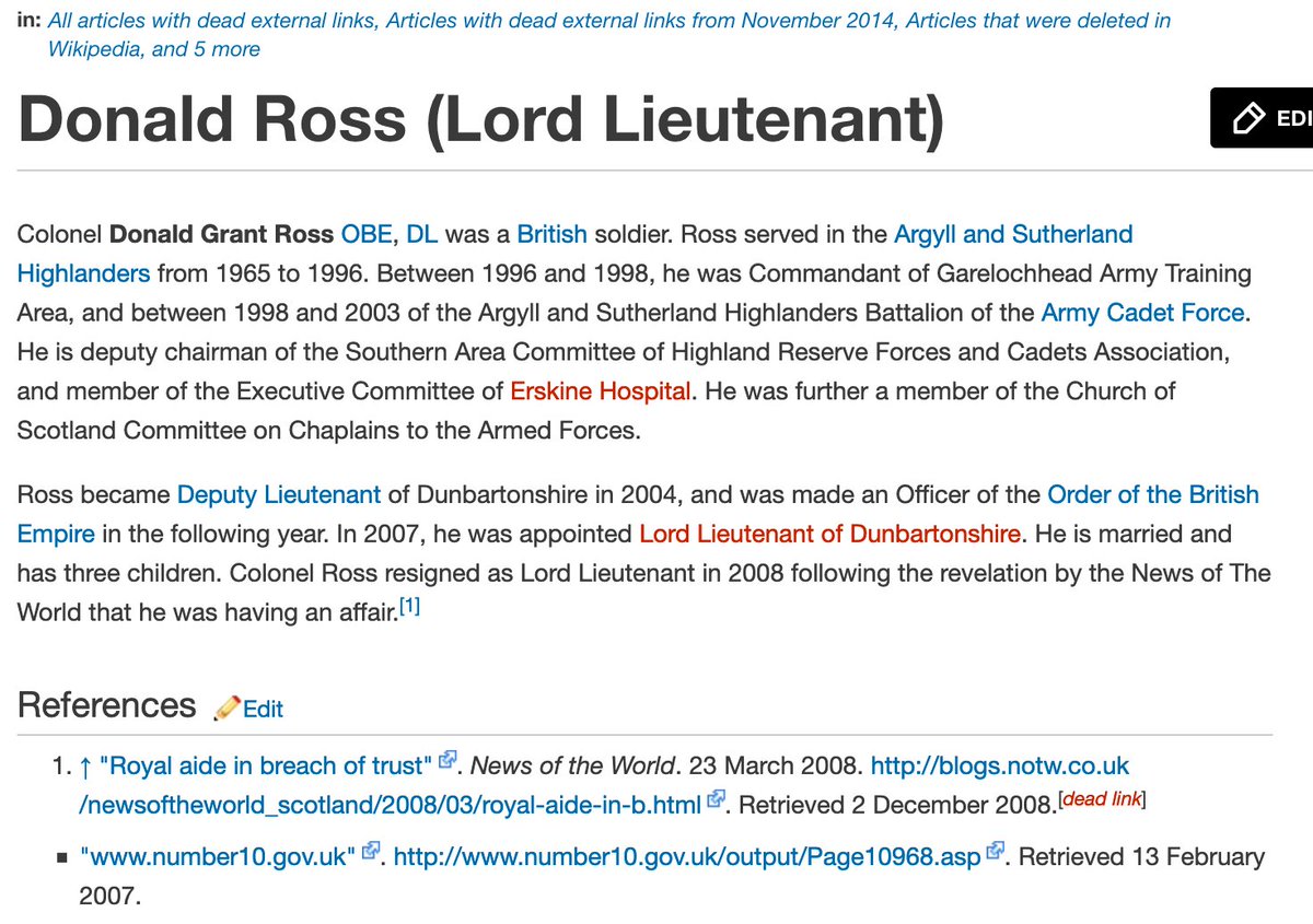 We were missing a QId for Donald Ross. Found him in, of all things, an "Articles that were deleted in Wikipedia" on a Wikia site.Anyway, enough info to check that he's absent from Wikidata (unless hidden amongst the 1,000s of The Peerage items) https://military.wikia.org/wiki/Donald_Ross_(Lord_Lieutenant)