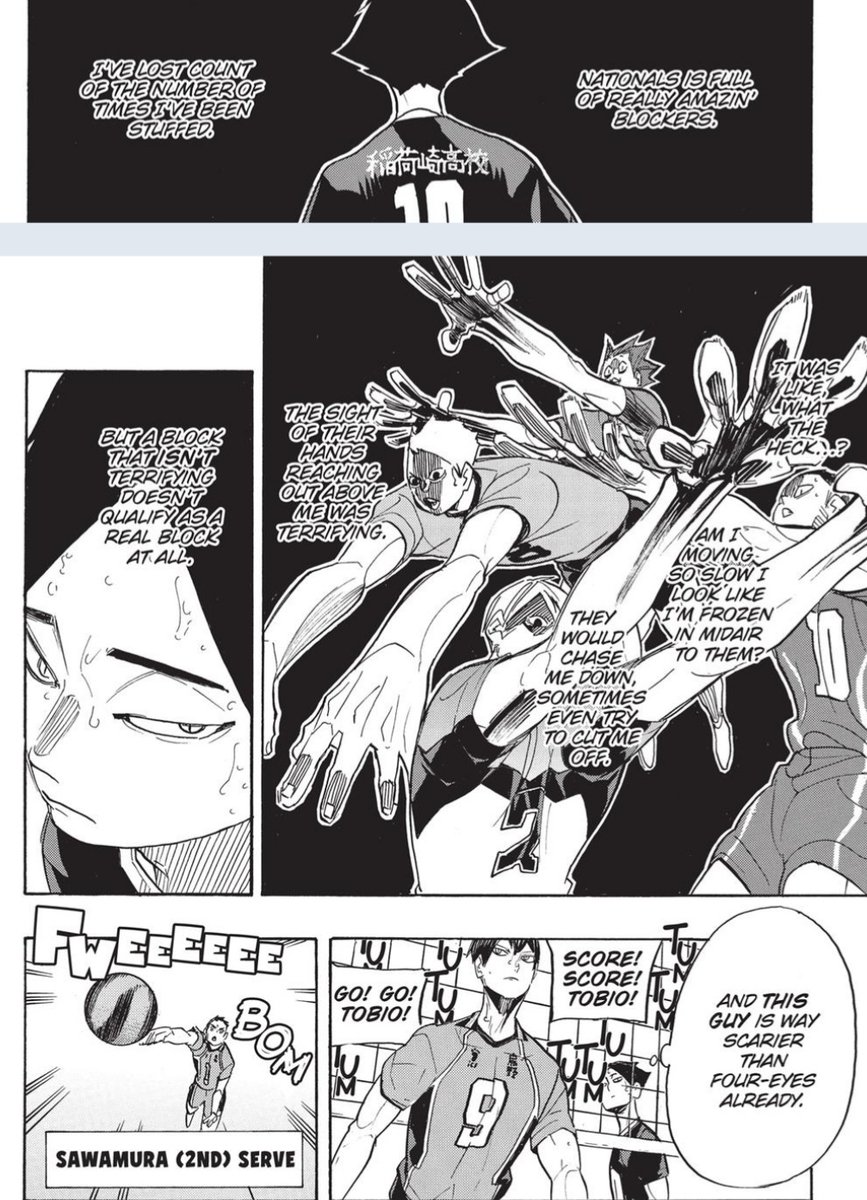 We later see Kageyama blocking and Suna thinking a block that isn’t terrifiying isn’t a real block and Kageyama being way scarier than Tsukki with his block. We have a difference in their perspective on blocking right here and I love different POVs and takes on things clashing.