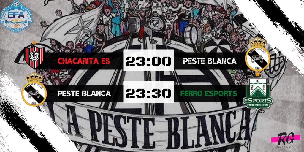 _PesteBlanca_'s tweet photo. ⚪️ EFA ARGENTINA ⚫️

Nueva Noche de efa , esta noche nos enfrentamos con los siguientes rivales :

•FECHA 11🆚 @ChacaeSports | 23 HS

•FECHA 12🆚 @FerroeSports | 23:30 HS

#TodoPeste 🎮

✍🏽@DisenosRg https://t.co/Di8yscCnvD
