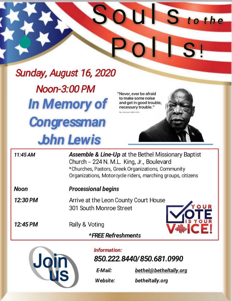 Join Sheriff Walt McNeil for Souls to the Polls this Sunday! In memory of the late John Lewis, we are coming together to cast our votes as a community.

Hope to see you there!