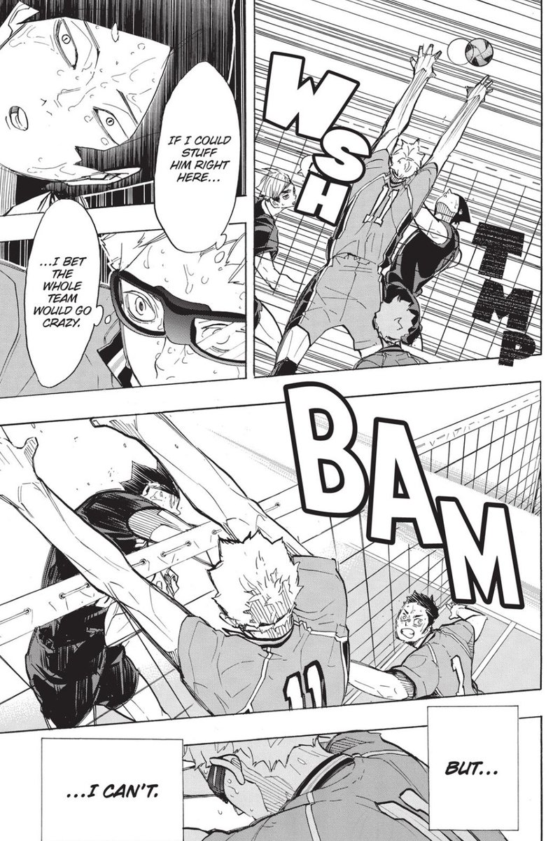 And now we can see Tsukki again trusting his teammates to stuff Suna because he alone cant do it and what does Hinata think about that? That Tsukki is really good at blocking, just to pick up again on the whole Tsukki is a good blocker thing.