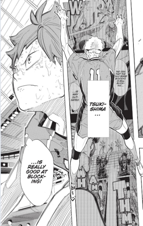 And now we can see Tsukki again trusting his teammates to stuff Suna because he alone cant do it and what does Hinata think about that? That Tsukki is really good at blocking, just to pick up again on the whole Tsukki is a good blocker thing.