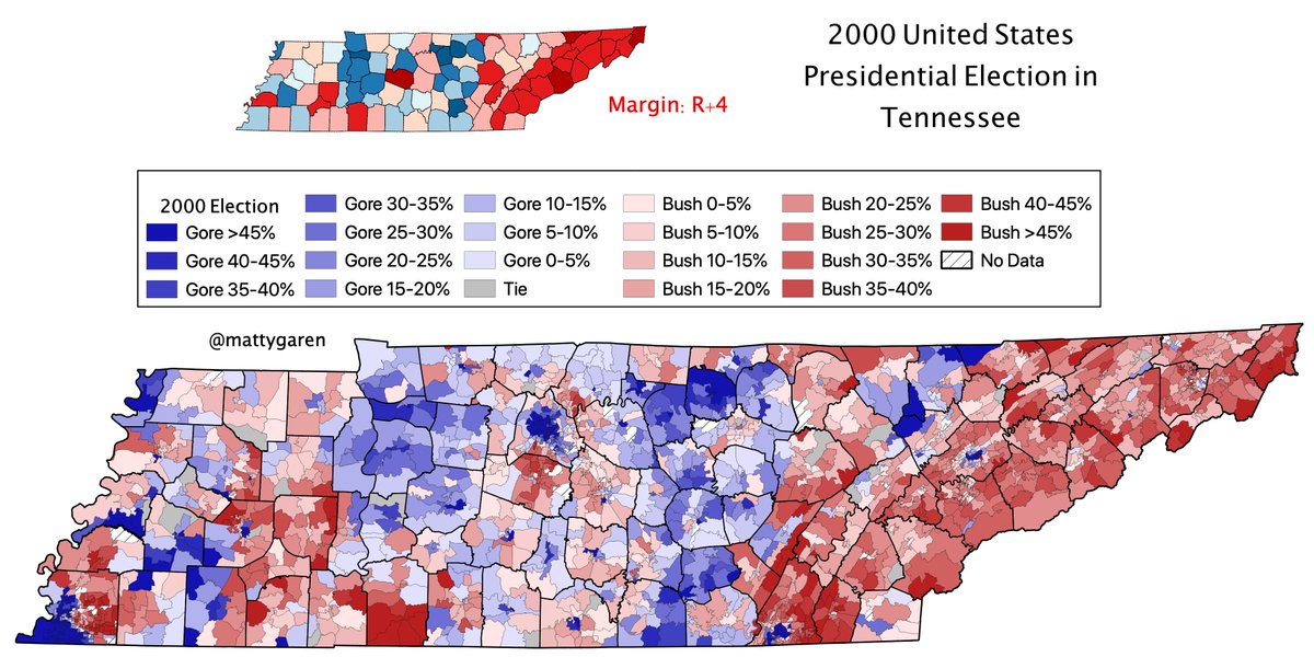 4000 precincts later, I have finished one of the biggest projects I have ever done. Here is how Tennessee, my home state, voted during the 2000 and 2016 elections. The 2016 map is in the thread below along with more data, thoughts, and special thanks! (1/9)