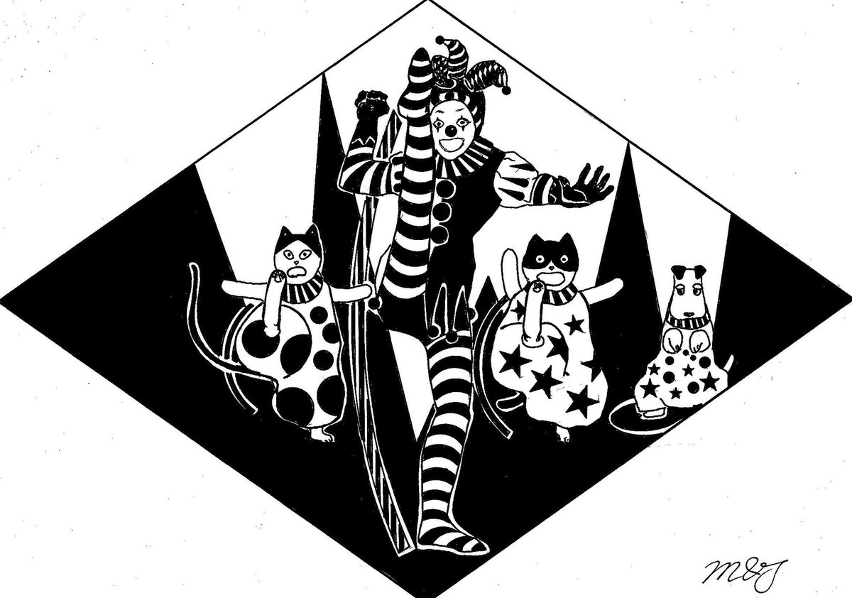 MJH72048669's tweet photo. #illustration #イラスト #drawnbyhand #monochrome #originalcharacters #clown #cat #dog #hammerkick 
☀Our day begins with warming up with a hammer kick. https://t.co/dF2E8vtJqF