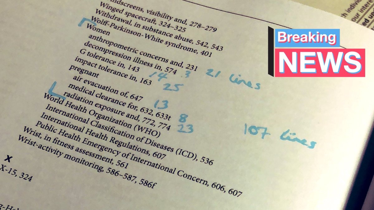 Just completed  an index review to aid procrastination-  a famous aerospace medicine textbook of 847 pages length has dedicated a total of 107 lines to #womeninaerospace - the same lineage as cockpit windscreens‼️. Think it might be time for an update 👩‍✈️👩‍🚀