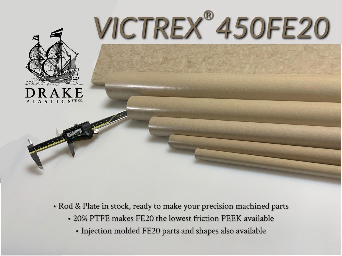Drake Plastics is one of #Victrex exclusive U.S. suppliers of PEEK 450FE20 Stock Shapes.

- PEEK 450FE20 offers the lowest coefficient of friction of all ketone based polymers.

#PEEK #drakeplastics #highperformancepolymers