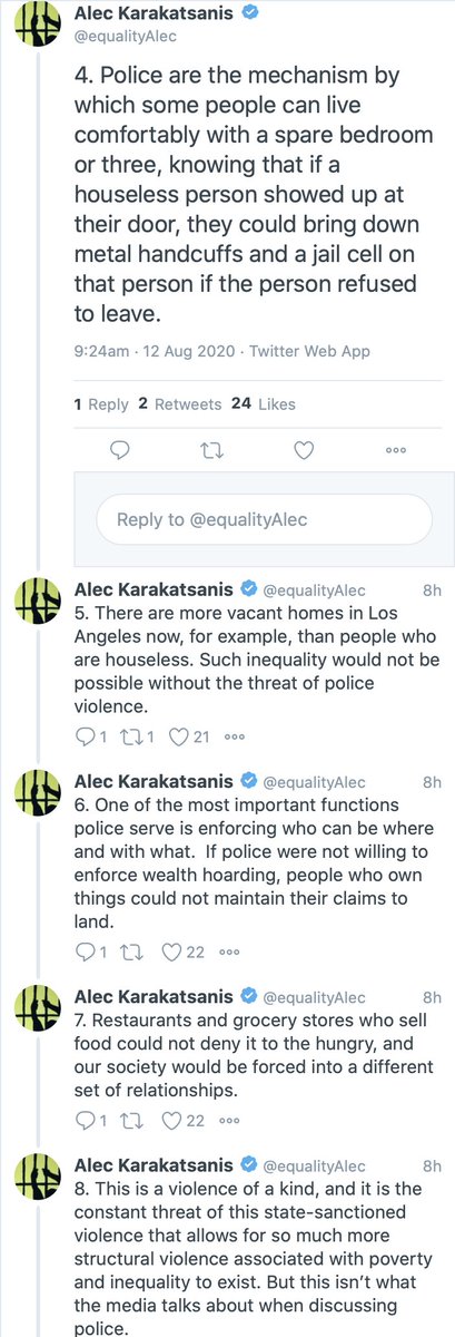 This is a useful thread that does a good job of explicating the big picture conceptual stakes in some of these policing debates. https://twitter.com/equalityAlec/status/1293538832638529536