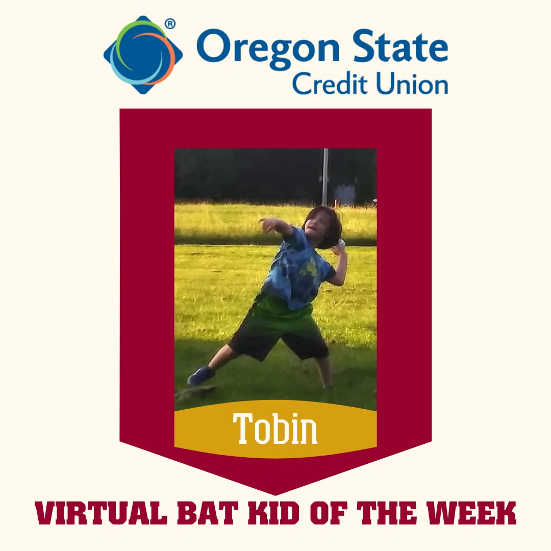 Congrats to TOBIN 🥳 Our @OregonStateCu Virtual Bat Kid of the Week 🤩 We’ll be picking a new winner each week, all summer long 👏🏼Your kid will get their picture posted virtually and will win two tickets to our 2021 home opener ⚾️