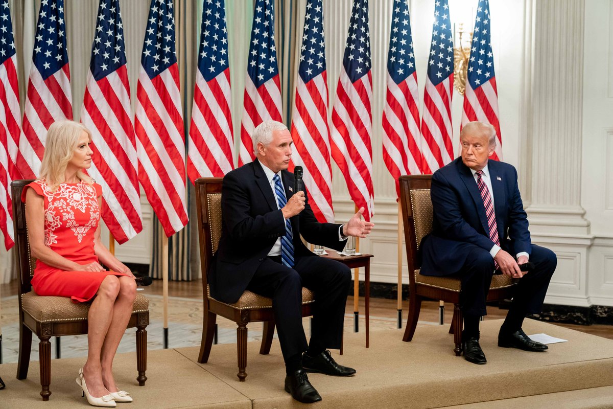 Mike_Pence's tweet photo. The risk of Coronavirus to healthy young people is very low but the risks of not having our young people in schools are significant. Honored to join President @realDonaldTrump, @BetsyDeVosED &amp; @KellyannePolls today to discuss the importance of safely reopening America’s schools! https://t.co/S8VUZuN9bj