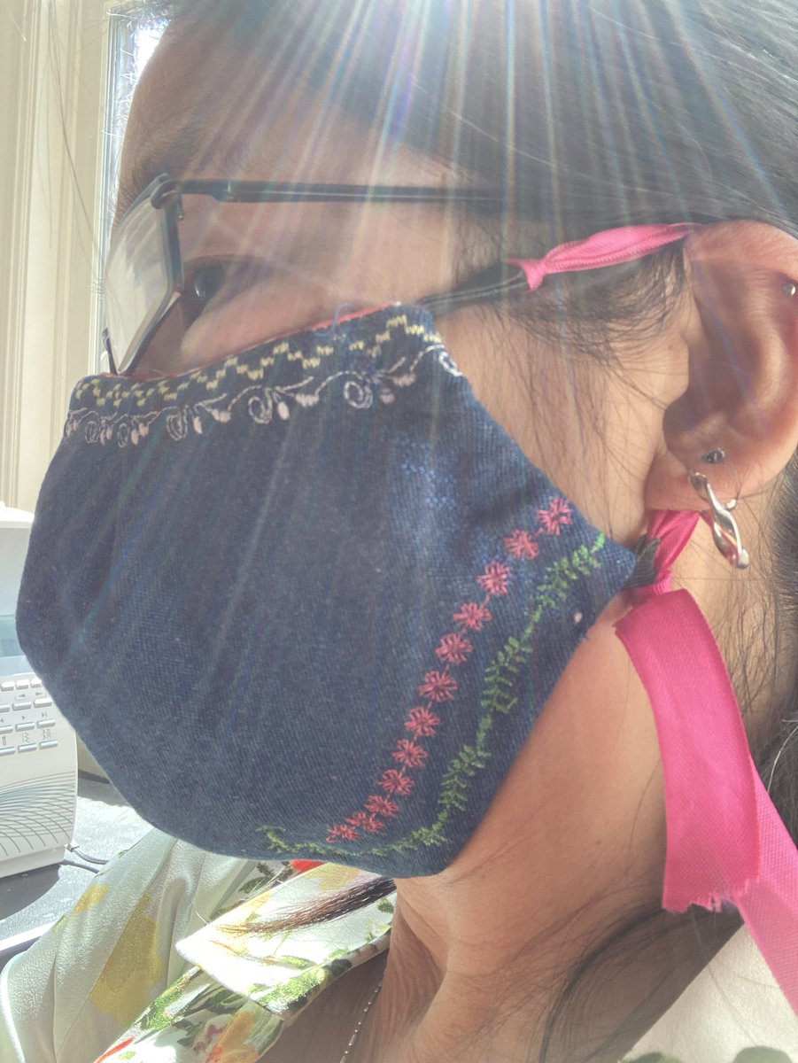 swelow's tweet image. Sometimes it is good to be short and frugal... using fabric from the shorten leg pants 😊. The inside is an old bandana &amp;amp; a dollar store t-shirt. They made some cute masks! #reuse #WearAMask #newSewingMachine