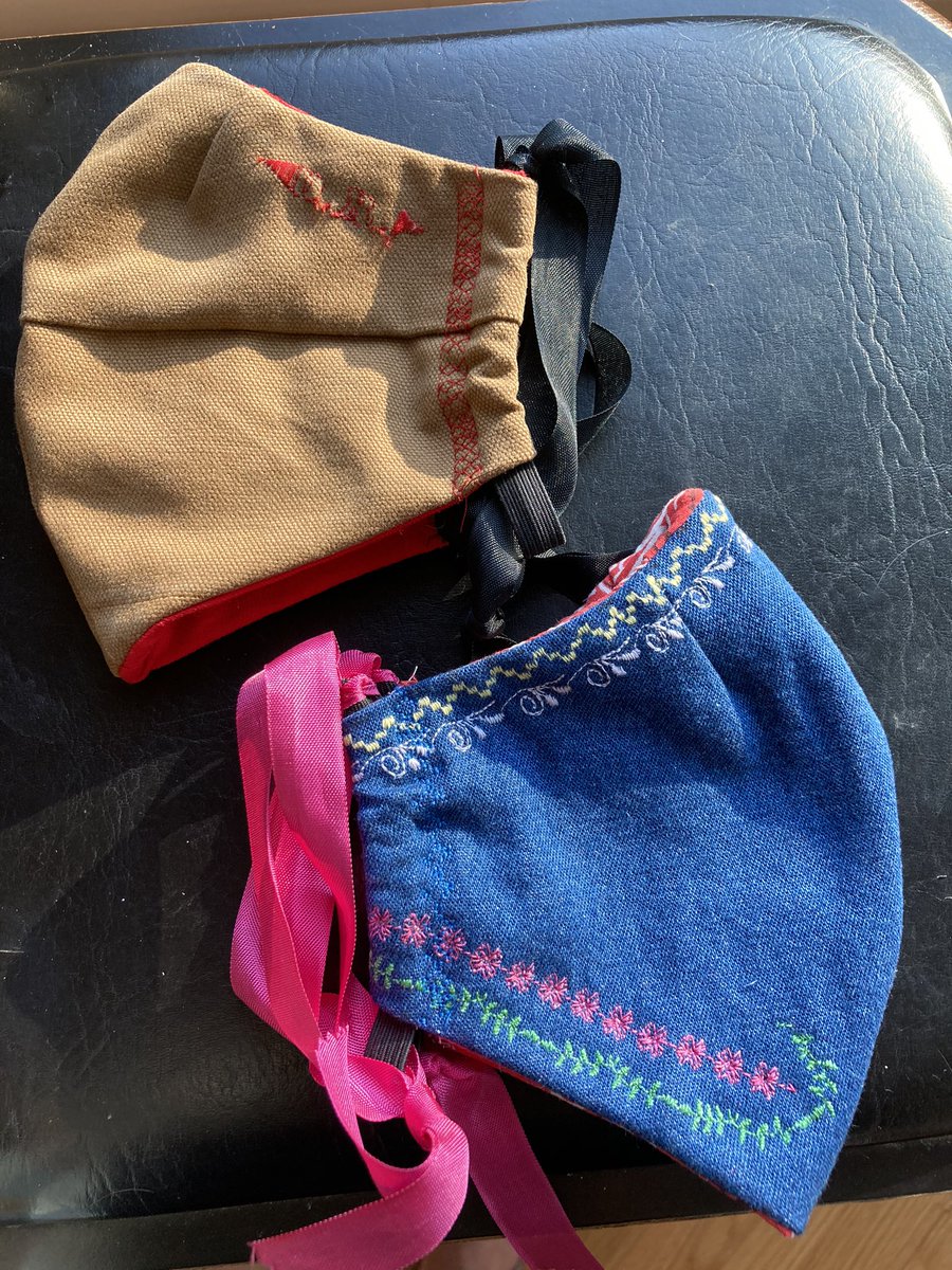 swelow's tweet image. Sometimes it is good to be short and frugal... using fabric from the shorten leg pants 😊. The inside is an old bandana &amp;amp; a dollar store t-shirt. They made some cute masks! #reuse #WearAMask #newSewingMachine