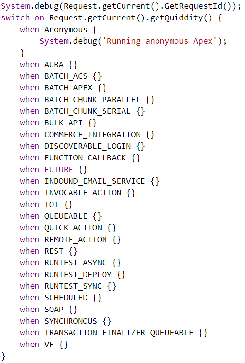 FishOfPrey's tweet photo. Apex is exposing the transaction Quiddity and RequestId in #Winter21 😲 
Code can determine how it is being called!
If there is an error you can tie it together with logs and events via the unique Request Id. https://t.co/7USHWFJvuX
