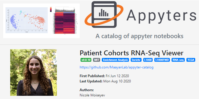 AviMaayan's tweet photo. Check out an amazing talk by Nicole Moiseyev, 2020 @MaayanLab @IcahnMountSinai Summer Scholar, Appyter for Visualization and Characterization of Cancer Patient Clusters based on RNA-Seq https://t.co/w7Yb2gdlvu
#Appyter can be accessed from https://t.co/fHe9PuBH6A #Bioinformatics https://t.co/2gahWKQ64e