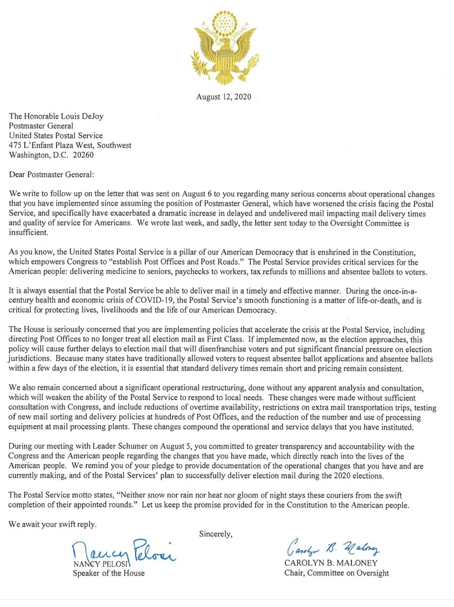 YEA  @SpeakerPelosi  @HouseDemocrats to  @USPS DeJoy:“...reversal of policies that have worsened the crisis facing the USPS and exacerbated a dramatic increase in delayed and undelivered mail”FACT Article I, Section 8, Clause 7 of the United States Constitution - Postal Clause