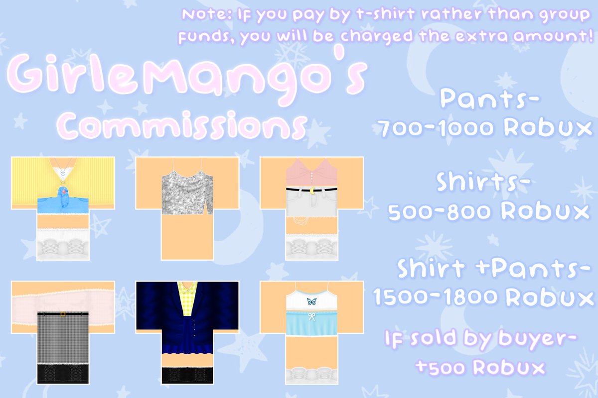 Girlemango On Twitter I Ve Created A New Commission Sheet Taking Orders Now Roblox Robloxdesigner Robloxclothing - roblox commissions twitter