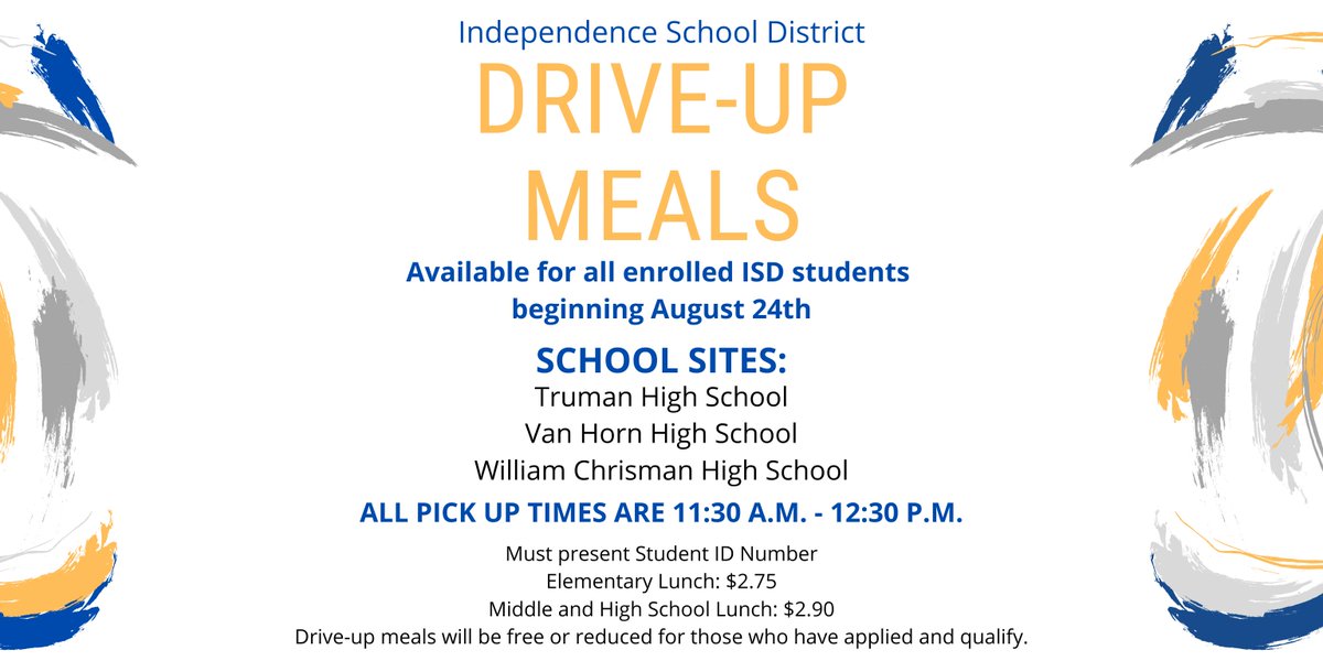 Beginning August 24, the ISD will serve drive-up lunches at Chrisman, Truman and Van Horn for students enrolled in virtual learning and students attending school virtually as part of the Hybrid Plan. Find important information about meals here: ow.ly/jTls50AXZcD #isdstrong