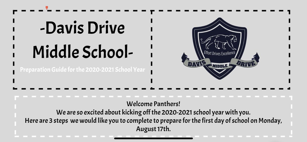 DavisDriveMS's tweet photo. Welcome to the 2020-2021 school year! 🐾 We are #PantherProud to have you and your family as part of our community. 
https://t.co/4bvPpduAkW
⬆️Make sure you carefully read our latest message that details important information about🐾SCHEDULES🐾PREPARATION GUIDE🐾 TECHNOLOGY🐾PTA https://t.co/pVrdC5PcJx
