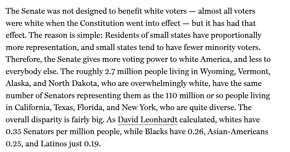 The most obvious way this is true is that it massively overrepresents white people:  https://nymag.com/intelligencer/2020/08/senate-washington-dc-puerto-rico-statehood-filibuster-obama-biden-racist.html