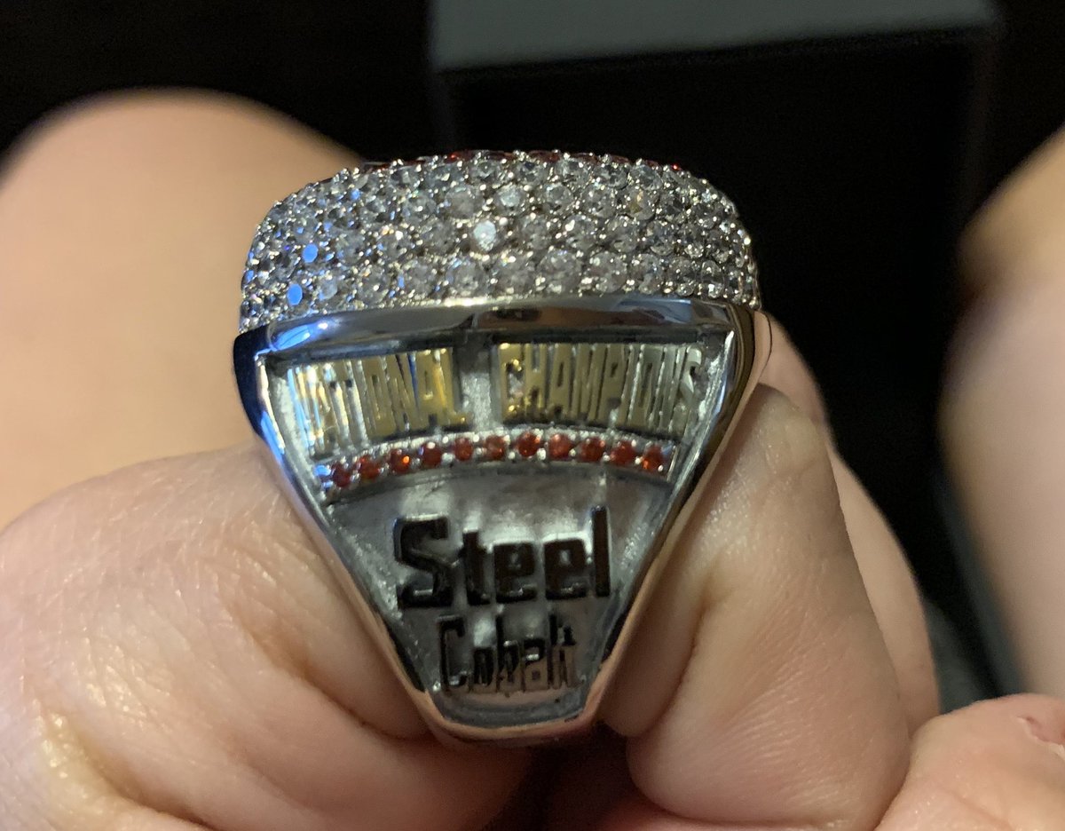 mugglenurse's tweet photo. New bling! Pictures do not do the sparkle justice! This is a gorgeous ring. #NCANationalChampx2 #iasteel #iacobalt #sheworked7yearsforthis #proudcheermama #photoshootcomingsoon @iNFiNiTi_CDT @SR_ChampRings https://t.co/0DNnlZom6l