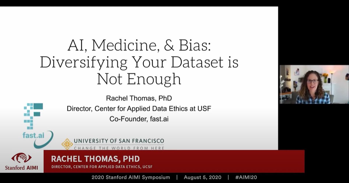 Videos from  @StanfordAIMI Symposium are up! I spoke on why we need to expand the conversation on bias & fairness.I will share some slides & related links in this THREAD, but please watch my 17-minute talk in full (the other talks are excellent too!) 1/