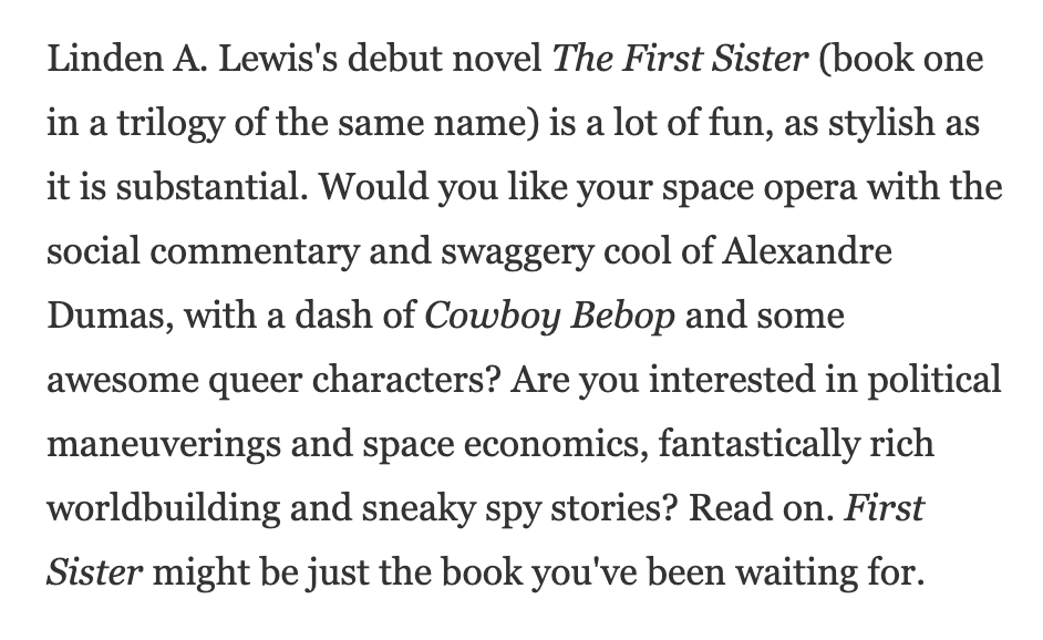Skybound's tweet photo. Great review of @lindenalewis' THE FIRST SISTER from @NPR! 

'The First Sister' Is Stylish, Substantial — And Very Cool — Space Opera:
https://t.co/doyt8Ee1Qs https://t.co/6LSNBjuxlv