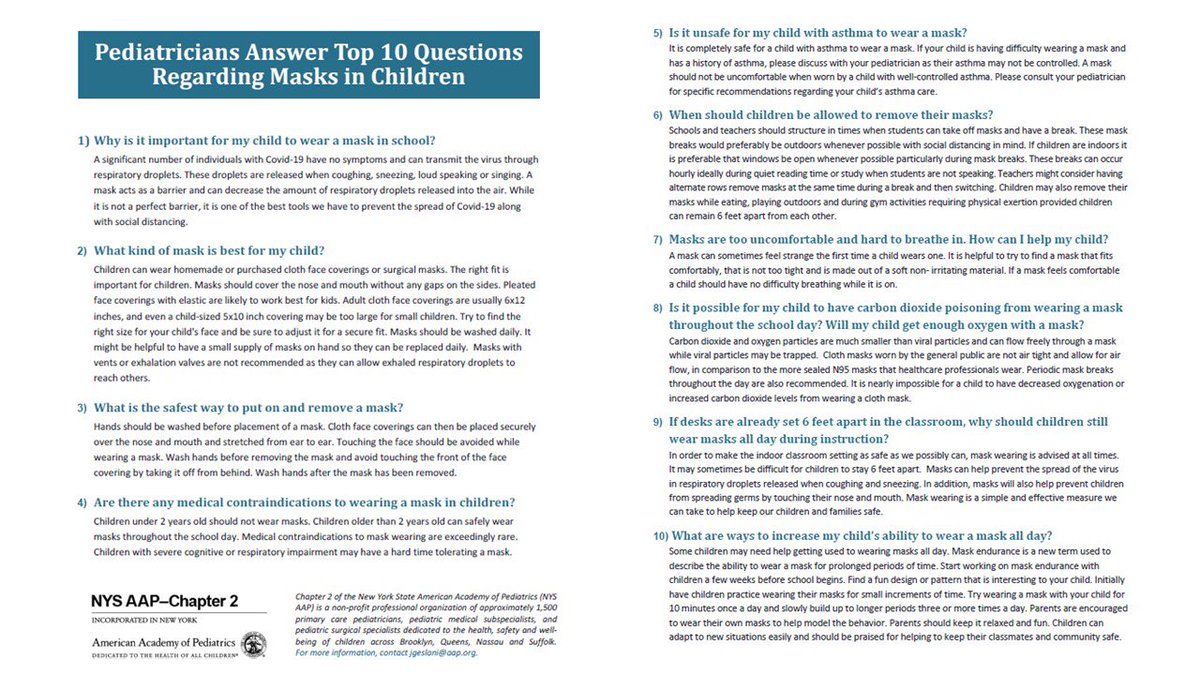 Top 10 questions on mask wearing in children answered by our <a href="/NYSAAPCH2/">NYS AAP - Chapter 2</a>  pediatricians!! Please share with your school districts to protect our children, families and communities!! <a href="/AAPNews/">AAP News</a> <a href="/NY1AAP/">NYSAAPCH1</a> <a href="/NYSAAPCH2/">NYS AAP - Chapter 2</a> <a href="/ColleenKraft/">Colleen Kraft</a> <a href="/AAPPres/">Benjamin D. Hoffman, MD, FAAP</a> <a href="/NICUBatman/">Shetal Shah</a> <a href="/ShotsHeard/">Shots Heard</a> <a href="/NicoleB_MD/">Nicole Baldwin, MD, FAAP</a>