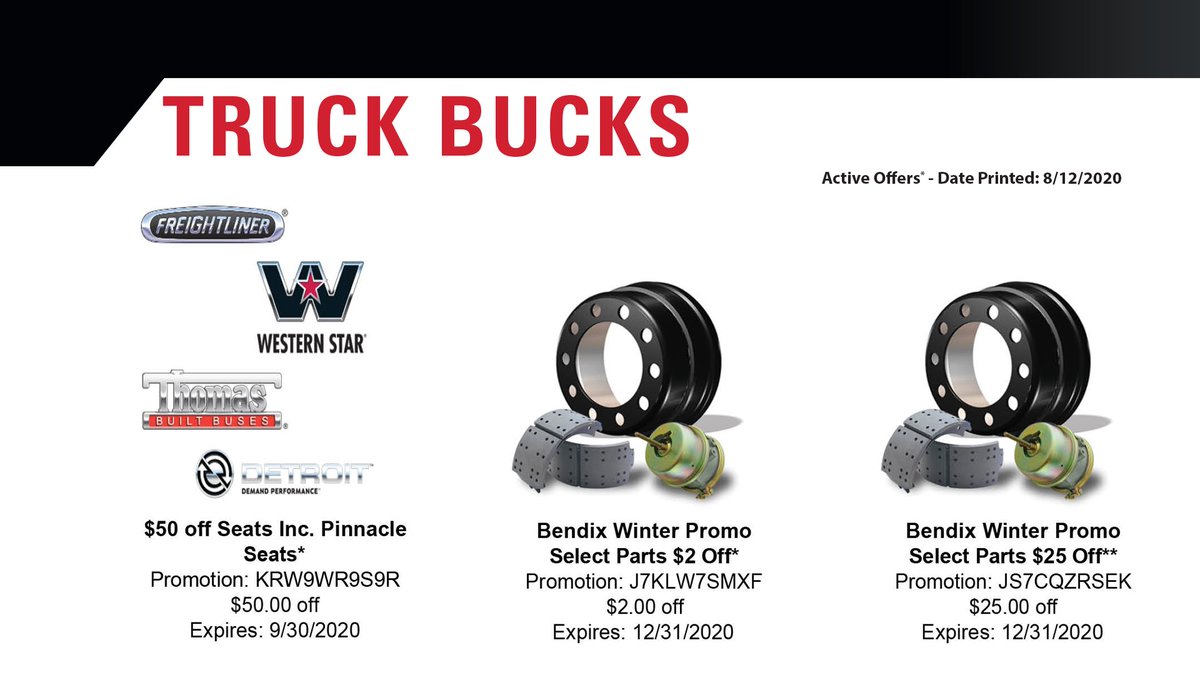 HarrisonTrucks's tweet photo. Just in --> something to get you over the mid-week hump, new Truck Bucks specials just released! Normally only come out once a month, but Diamler made some new additions. Check them out! 👇

Then place an order with any of our parts professionals here:  https://t.co/6iR8qllsDR https://t.co/dij7AwSb9U