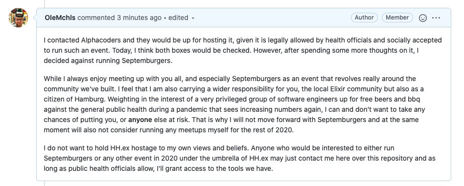 🔔 We are cancelling the Septemburgers event (August meetup) and all in-person meetups for the rest of 2020 due to the current circumstances of public health and the spread of COVID-19.

Stay safe ❤️

I’ve shared more details in the organisations repo github.com/hh-ex/planning…