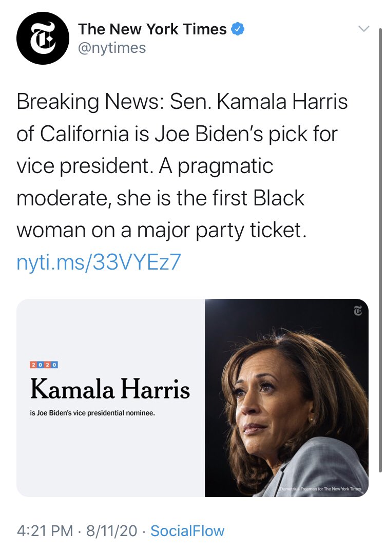 We’ll start with yesterday’s announcement. What really got the narrative off to a strong start was  @nytimes calling Harris a “pragmatic, moderate” pick. Harris, cosponsor of the Green New Deal and Medicare For All.