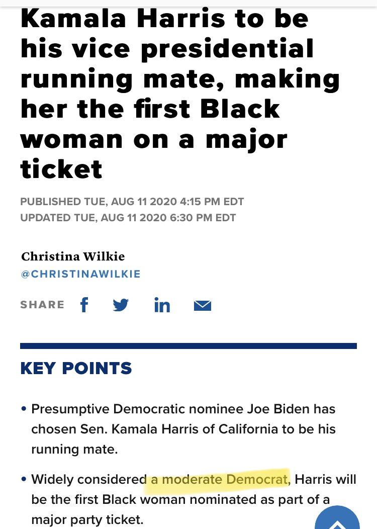 Here’s  @christinawilkie of  @CNBC making the claim that she’s “widely considered a moderate democrat” which is true of at least CNN and New York Times I suppose.