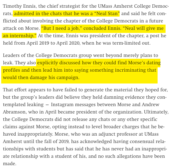 Meanwhile, the previous President of the  @CollegeDemsofMA (now their "Chief Strategist") Timothy Ennis called himself a "Neal Stan" as he discussed engineering the plot to "sink" Morse's campaign. He & Abramson giggled about how they could exploit their  #MeToo   star turn for jobs.