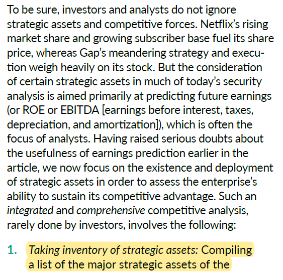 7/ Instead of focusing on accounting based earnings, the authors suggest an alternative model to analysts.First, figure out what the strategic assets of a company are.