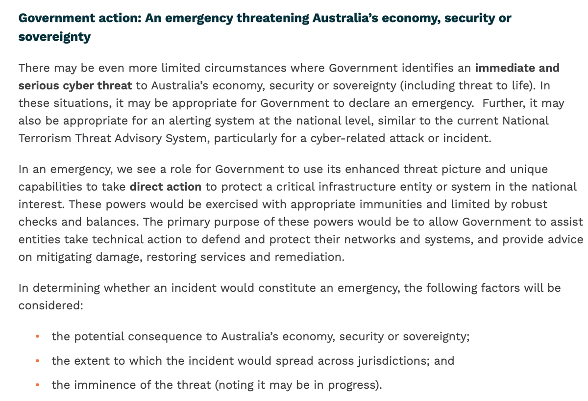 “Initiative 3: Cyber assistance for entities”This is the bit about “the capability to disrupt and respond to threats” and distinguished between a “significant impact” and a “declared emergency”.