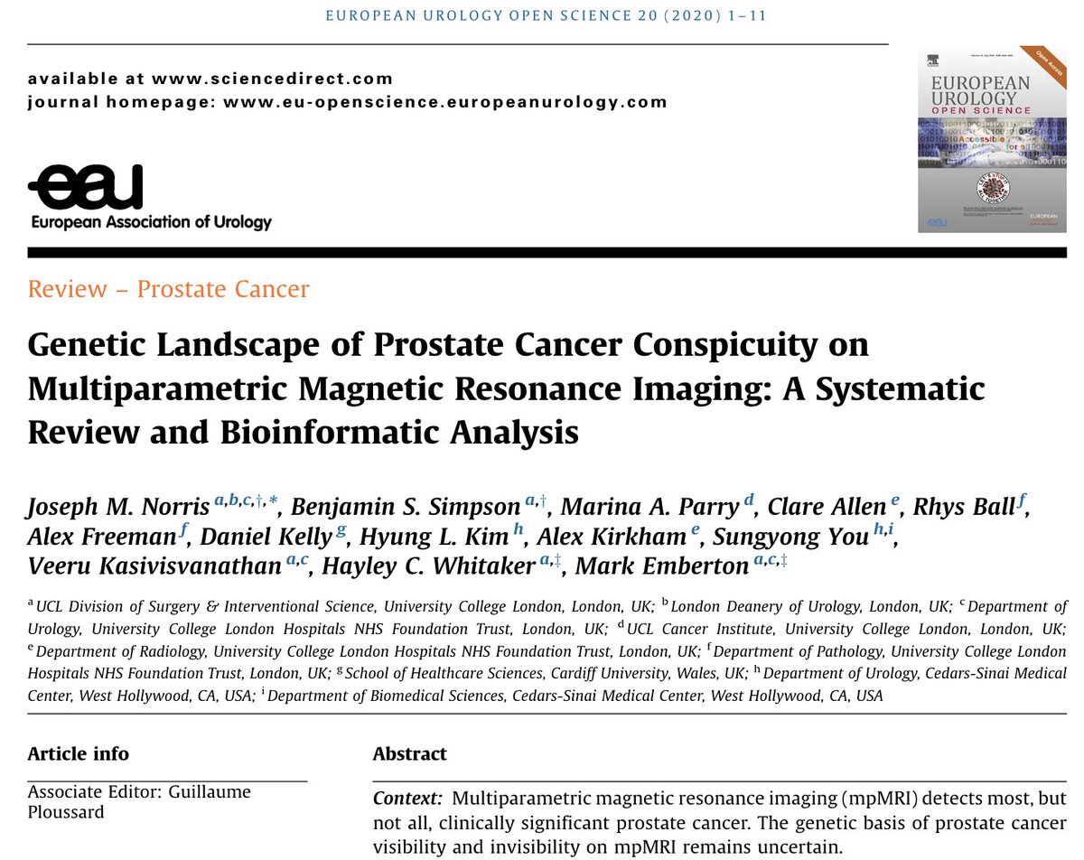 What genetic features underpin prostate cancer detection on mpMRI?
sciencedirect.com/science/articl…

I'm delighted to announce the first systematic review & bioinformatic analysis in this emerging field! @EurUrolOpen @EUplatinum @Uroweb 

#ProstateCancer #MultiparametricMRI #Radiogenomics