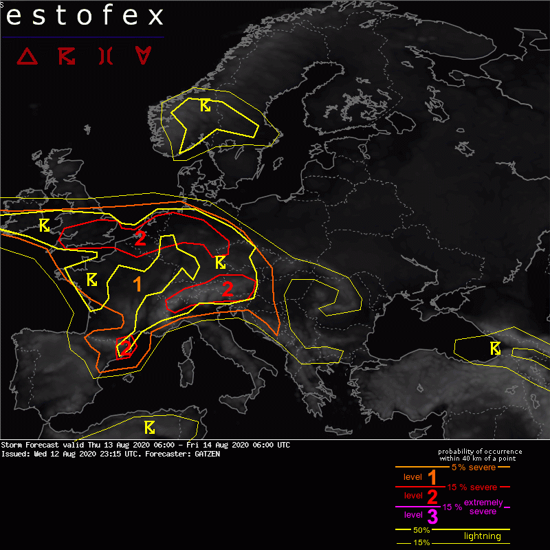 Estofex's tweet photo. Storm Forecast: Level 2 issued by Gatzen for period Thu 13 Aug 2020 06:00 - Fri 14 Aug 2020 06:00 UTC - https://t.co/noTl2uUyHX
 - https://t.co/3acnNWRbur