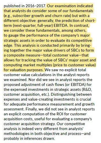 10/ Aren't analysts already doing this?Of course, we all look at subscriber growth, churn etc but most analysts still remain fixated on earnings/EBITDA number.