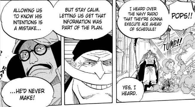In this moment law intentionally let's smoker know he's going to greenbit, as part of his plan knowing he'd report it to akainu, while Sengoku intentionally leaks info for Whitebeard to go along with his plan.