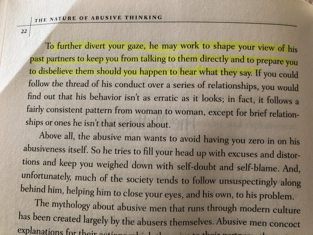 To kick off the chapter, Bancroft discusses how abusers work as magicians to confuse and distract you - including how abusers lie about past (or current) partners to manipulate you into thinking they are untrustworthy in case they speak out about their abuse.