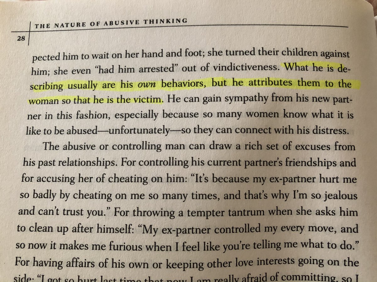 Myth #2: He had a previous partner who mistreated him and now he has a problem with women, in general.Bancroft discusses how abusers describe their past relationships and the behaviors of ex's - often, their descriptions are actually projections of their own behavior.